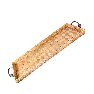 38" x 11.8" Extra Large Handwoven Wicker & Wood Tray with Handles – Oversized Long Decorative Tray for TV Console, Dining Table, Centerpiece – Farmhouse, Boho, Rustic Style