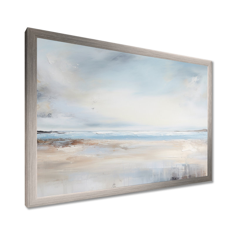 «Beige and Blue Beach Minimal Horizon II», art mural plage côtière, H 34 po x l 44 po x P 1,5 po, Cadre simple argenté