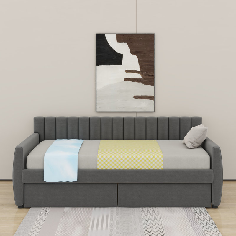 Lit de jour simple tapissier avec tiroirs, Gris, Lit simple