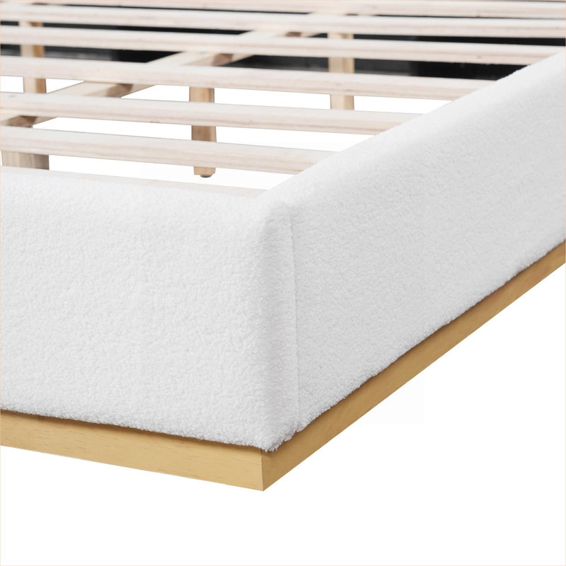 Très grand lit plateforme tapissier, base de lit à oreilles avec revêtement en tissu blanc cassé et base en bois fermée