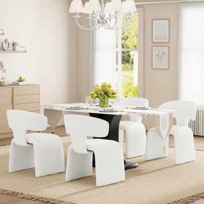 Mid-Century Modern Dining Set For 4-6, Marble Texture Rectangle Kitchen Table And Accent Dining Chairs For Dining Room