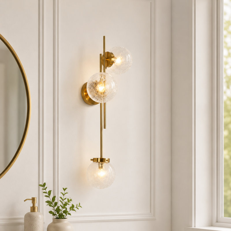 Applique murale à bras en métal 3 lumières H 30 po avec abat-jour en verre craquelé soufflé à la main Jenavicia 