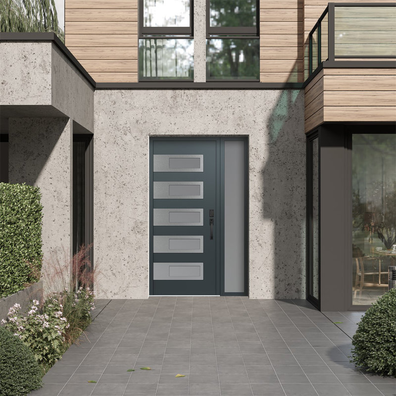 D3 48 po. X 80 po Panneau d'entrée en acier argenté anthracite et verre givré anthracite avec porte d'entrée pré-montée en verre givré Sidelite