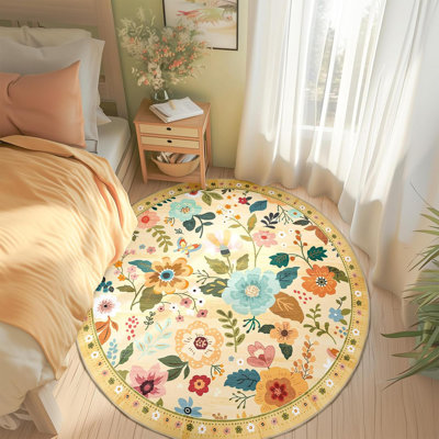 8Ft Ivory/Yellow Floral Boho Rug Machine Washable Non-Slip Low Pile Carpet For Nursery Kids Room