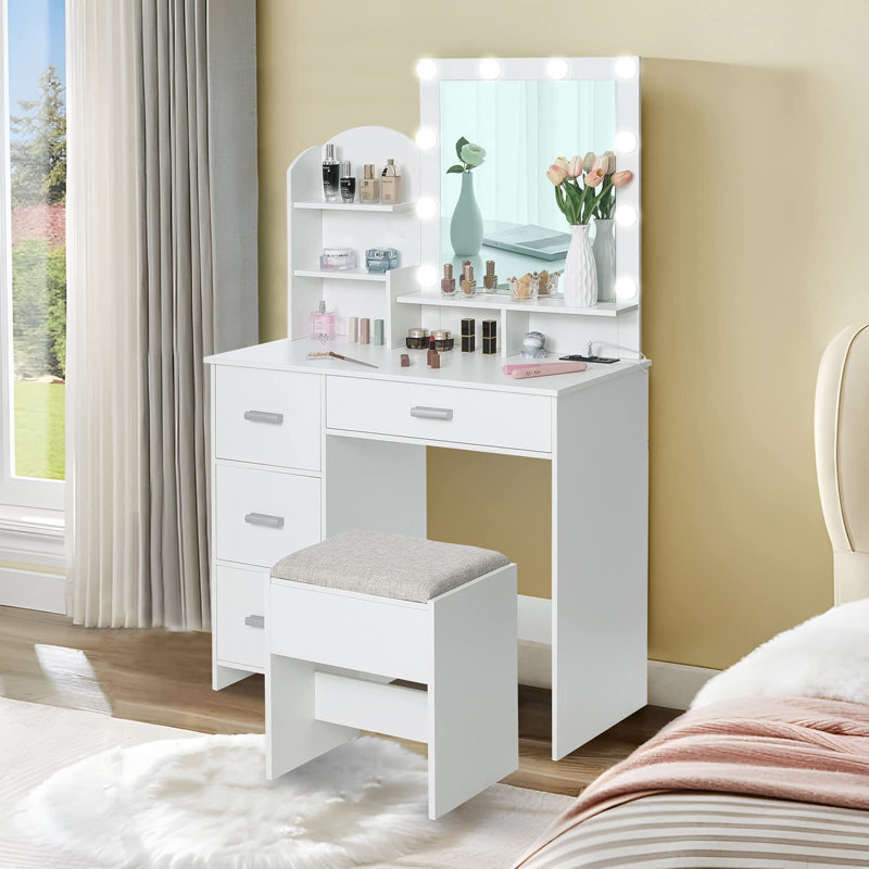 Vanity with LED Light & Charging Station for Valentine's Day, White