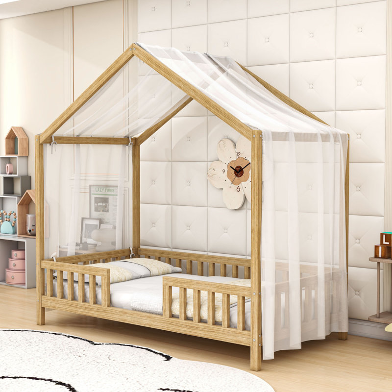 House Bed With Slats And Safety Railings, Natural, Twin