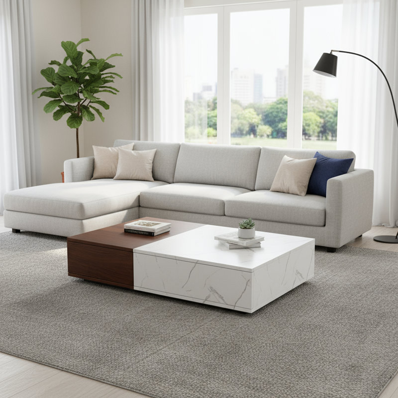 Table basse de style moderne (style noyer), comprenant deux espaces de rangement, une esthétique équilibrée et un rangement quotidien