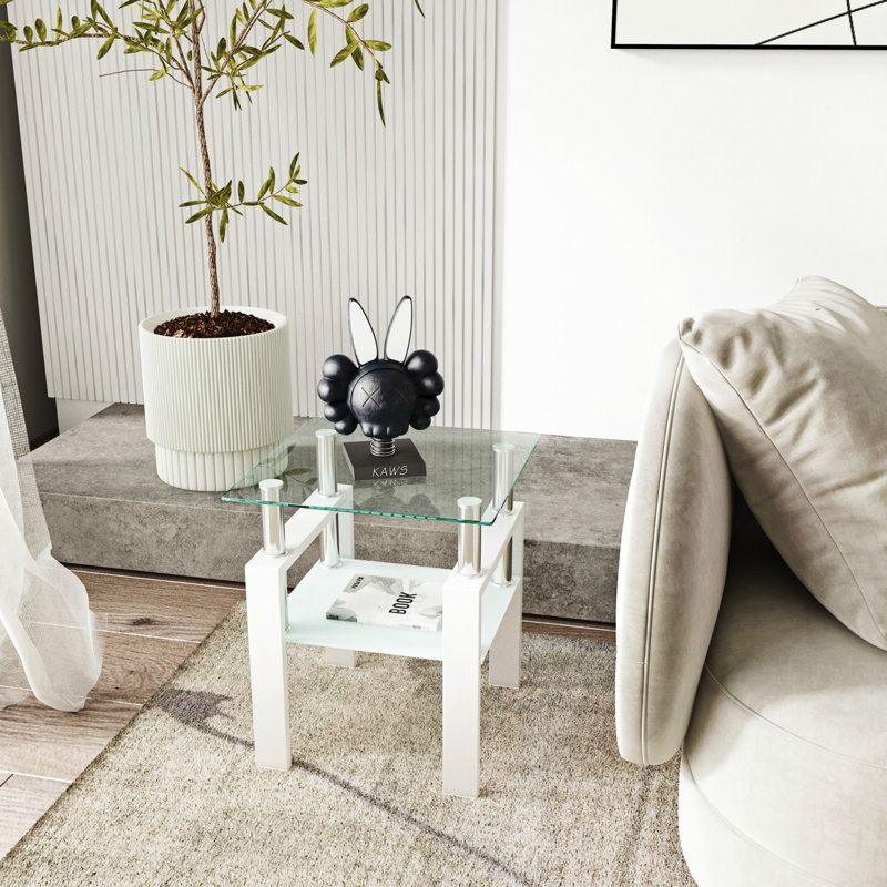Modern White and Transparent Glass Square End Table Set