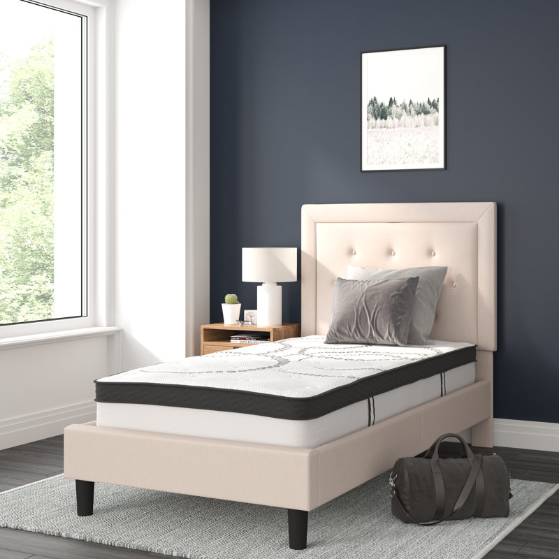 Aluino Tufted Platform Bed with 10in. Pocket Spring Mattress, Twin, Beige