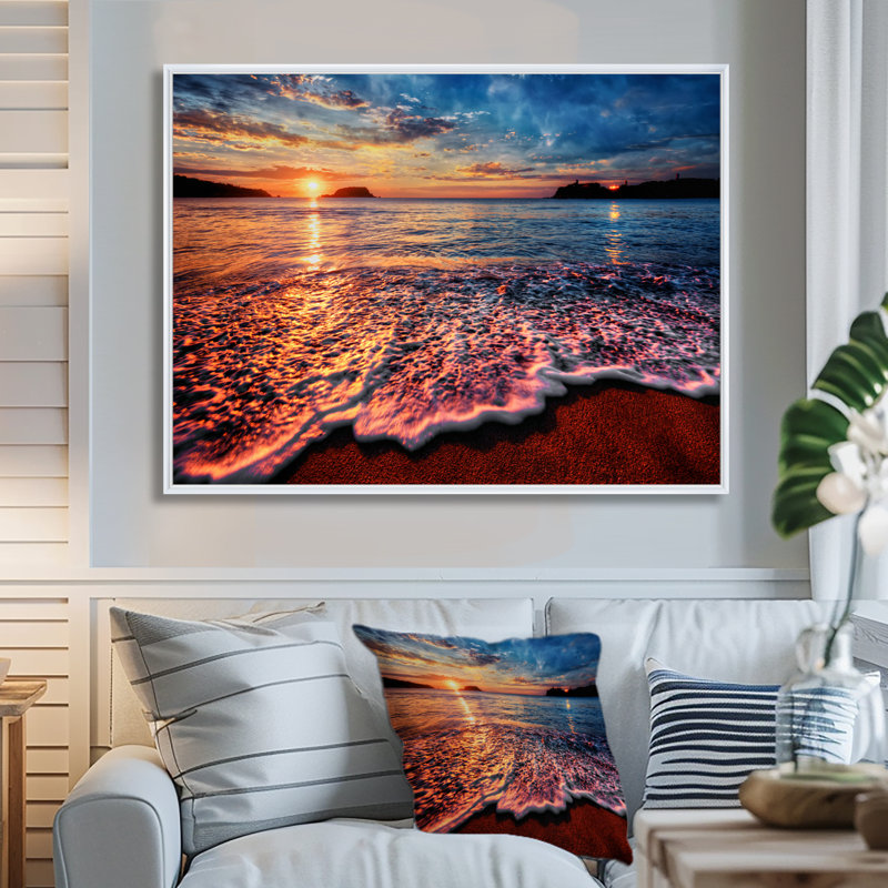 Reproduction de photo, "Peaceful Evening Beach", impression sur toile côtière, Reproduction avec cadre flottant, Blanc