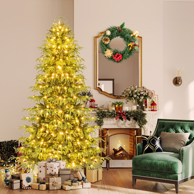  7 FT Pre-Lit Artificial Christmas Tree Hinged Full Xmas Tree w/ 746 PVC & Soft TPE Branch Tips