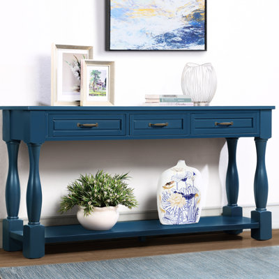 Console 63 po avec 3 tiroirs. Bleu marine, bois massif, structure en bois de 63 po facile à installer, stable et instructions d'installation