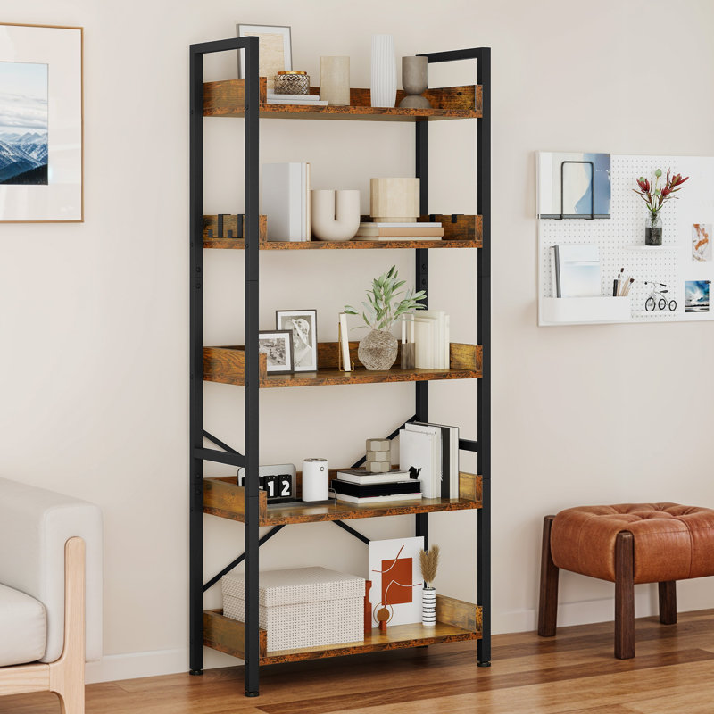 Bookcase 5 Tiers With 4 Hooks, Rustic Brown
