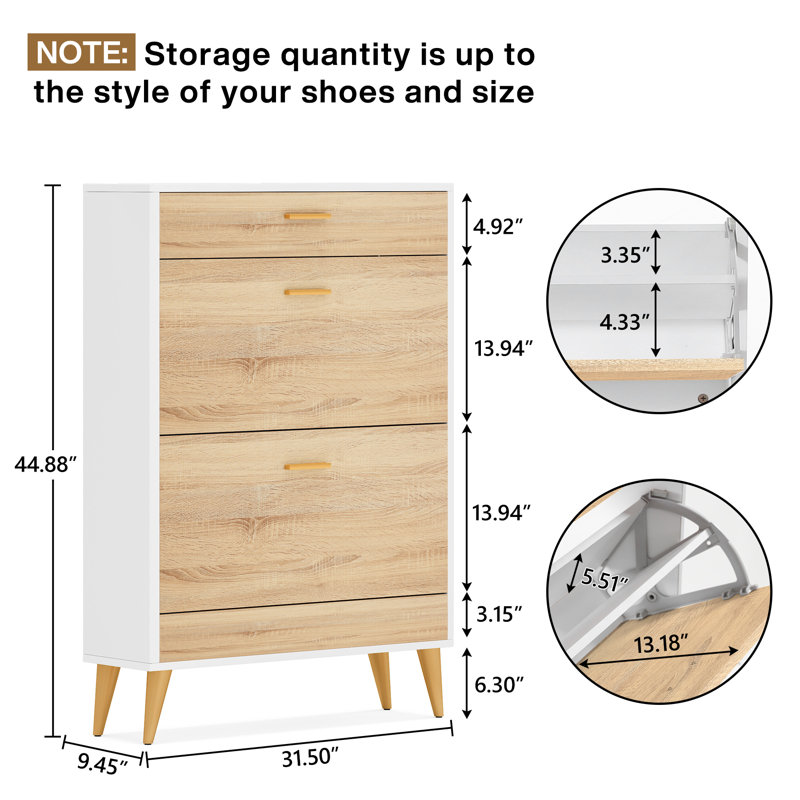 16 Pair Shoe Storage Cabinet, Natural Wood/White/Gold