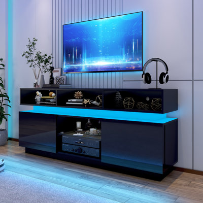 LED TV Stand for 75 Inch TV, Modern Tall Entertainment Center with Power Outlets, High Gloss TV Stand, Gaming TV Media Console with Glass Shelf for Living Room