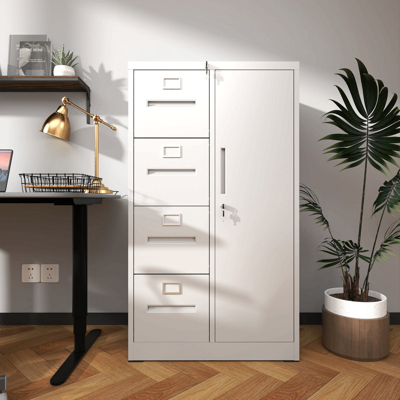 Metal Storage Vertical Filing Cabinet With Lock,  Steel File Locker With 4 Drawers And 1 Door For School, Living Room, Bedroom, Office (White)