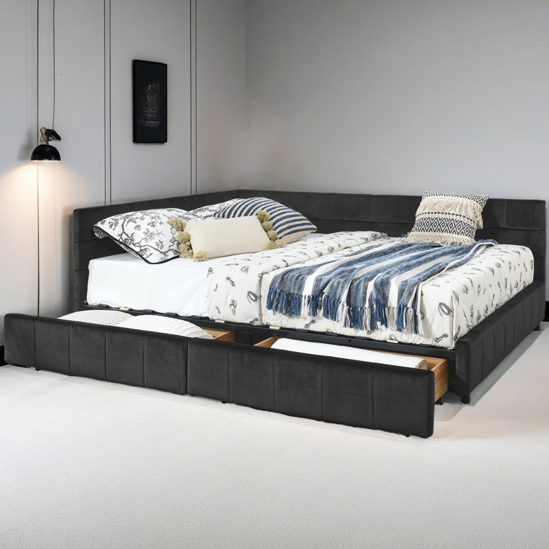 Grand lit capitonné avec rangement capitonné, cadre de canapé-lit avec dossier et accoudoirs confortables, grand lit pour chambre à coucher, salon, velours