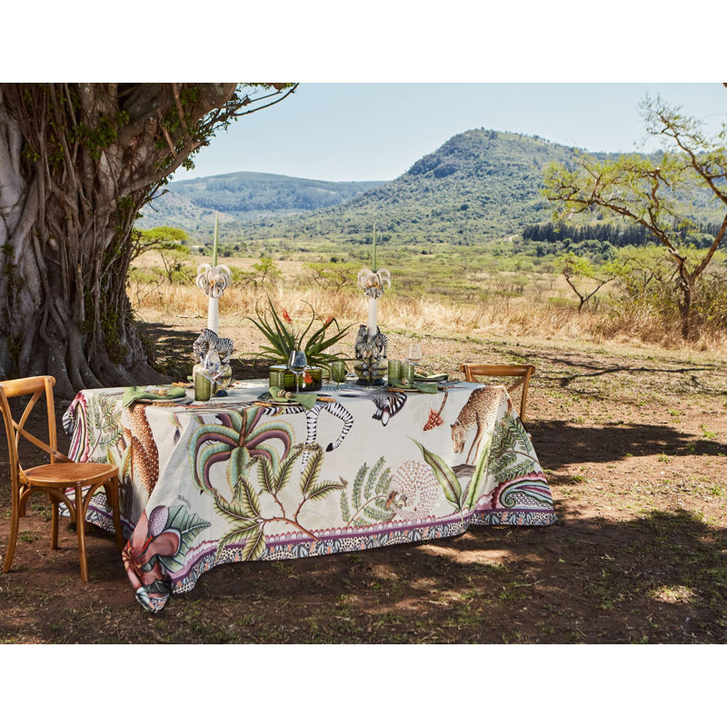Ardmore Cotton Tablecloth, 94" Rectangle, Beige/Green