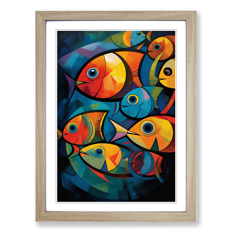 Fish Action - Single Picture Frame Print on Wood, 46cm H x 34cm W x 2cm D, Oak