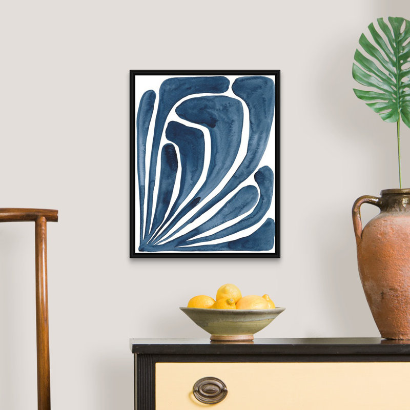 «Blue Stylized Leaf II», art mural sur toile, Toile avec cadre noir, H 22 po x l 18 po