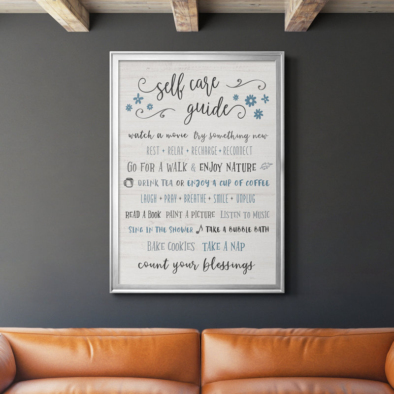 Guide to Self Care - Cadre photo, art textuel sur toile, H 30,5 po x l 42,5 po x P 1,5 po, Cadre argenté