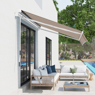 Auvent de balcon rétractable de 4 m x 2,4 m (13 pi x 8 pi) - et imperméable -, structure en aluminium, manivelle manuelle, rayures rouges, pour terrasse, abri solaire, auvent résistant à l'eau, terrasse