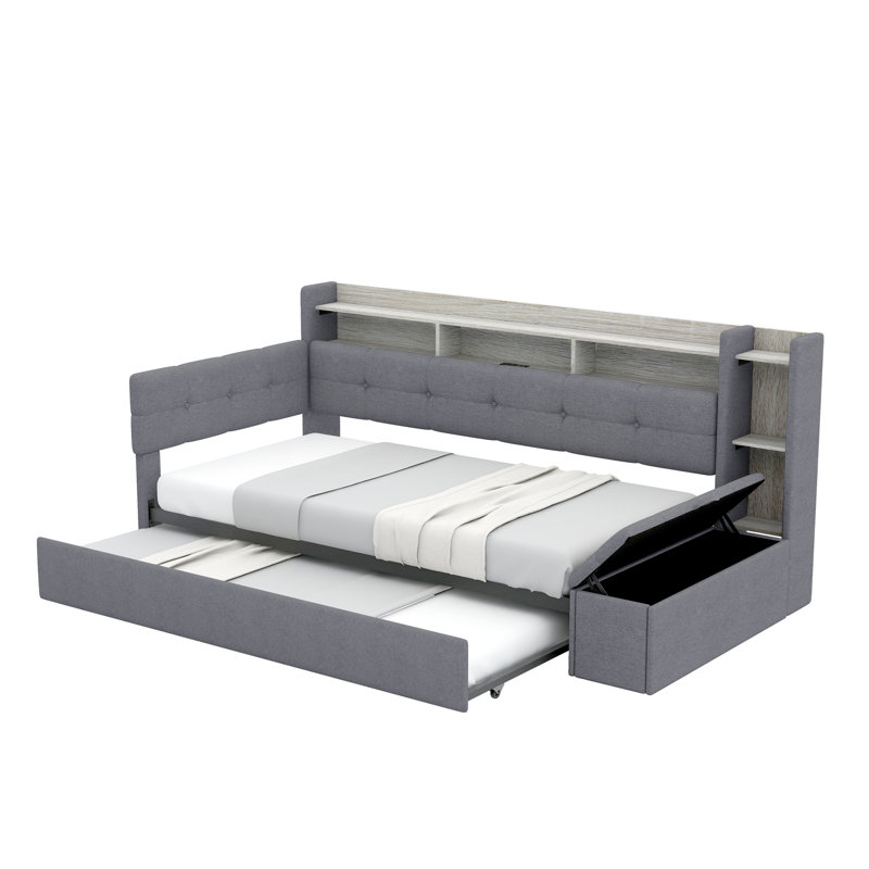Upholstery Daybed With Storage, Footstool, Shelves, Trundle, USB Charging, And LED Light For Modern Living, Twin, Grey