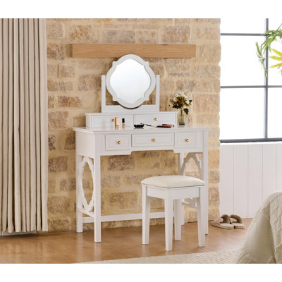Compact Makeup Vanity Table Set - Reversible Mirror & Stool Included, Space-Saving Beauty Station for Small Bedrooms/Bathrooms