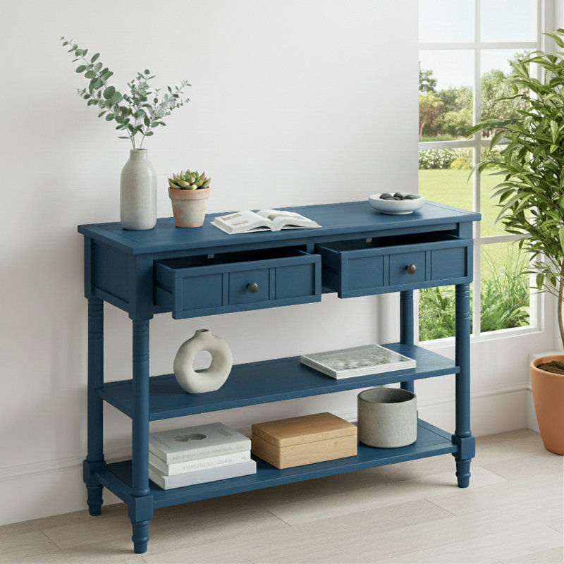 Armoire d'entrée en bois de style rétro avec deux tiroirs de rangement et des tablettes ouvertes, Bleu marine foncé