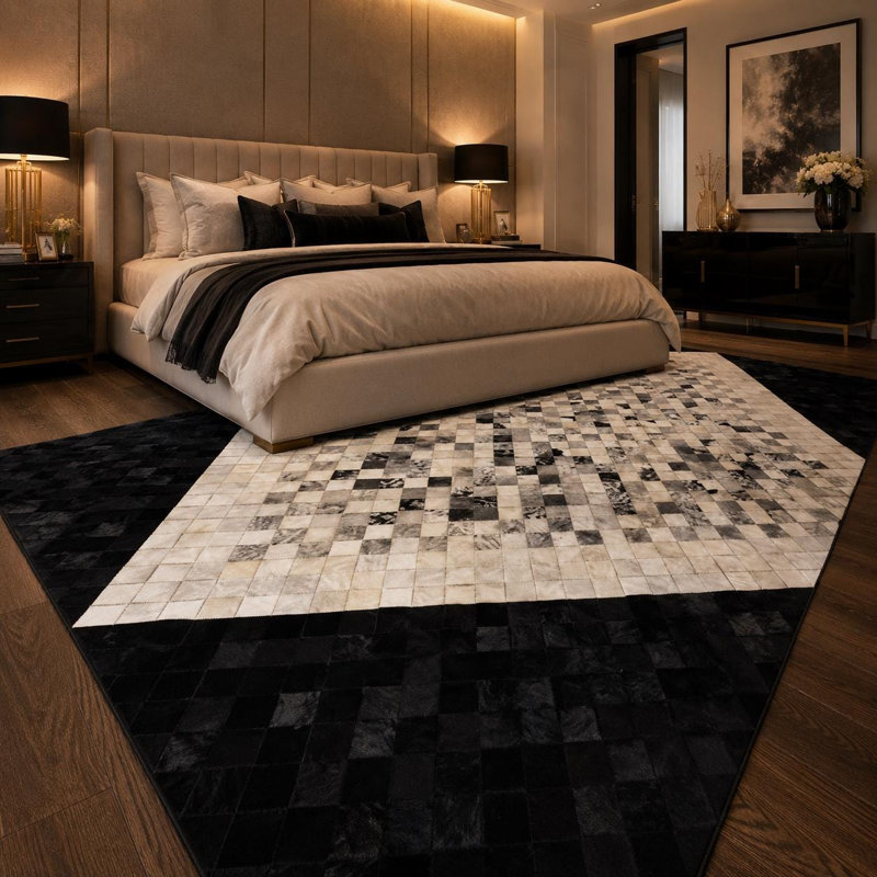 Tapis patchwork en cuir de vache véritable noir et blanc, 9 x 12 ft