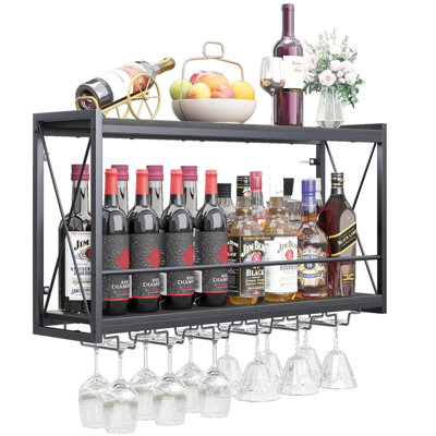 Wall Mounted Wine Rack With LED Light, 31.5" Bar Liquor Shelves With Glass Holder, Metal Hanging Bar Shelves Wine Storage Rack Display For Kitchen Hom by Latitude Run