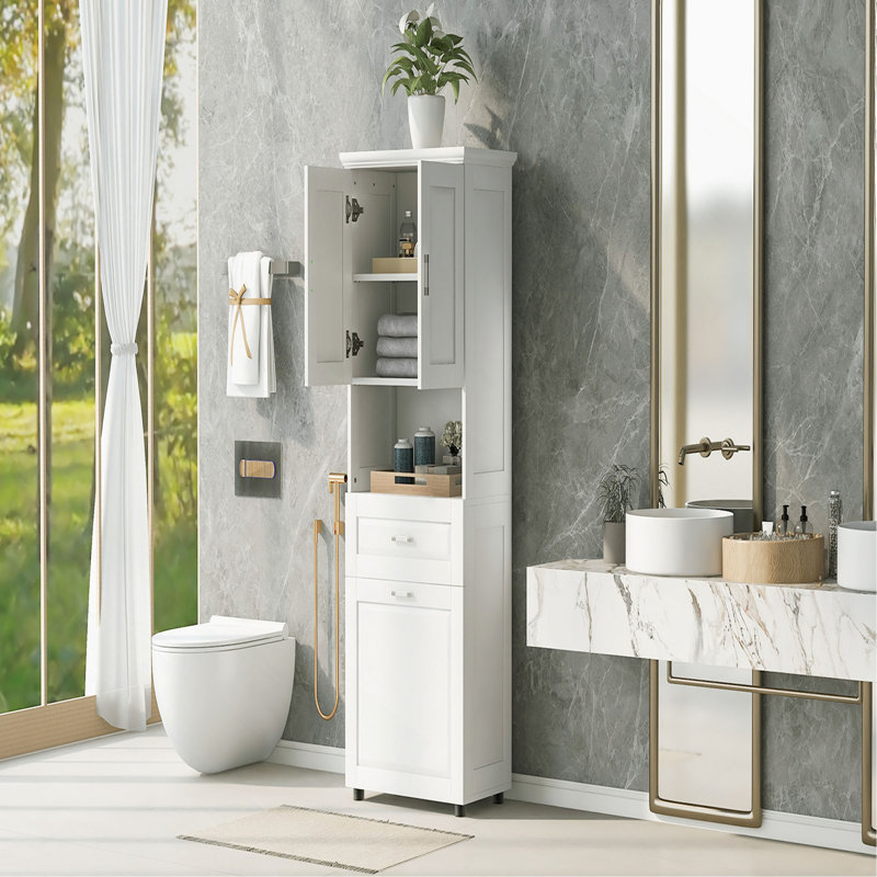 Grande armoire de salle de bain avec panier à linge, grand panier à linge inclinable et armoire de rangement supérieure