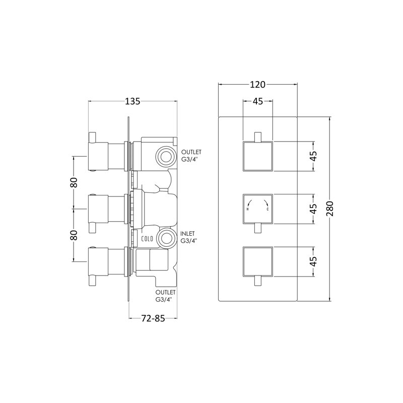 Ellingson Triple Concealed Thermostatic/Diverter Shower Valve