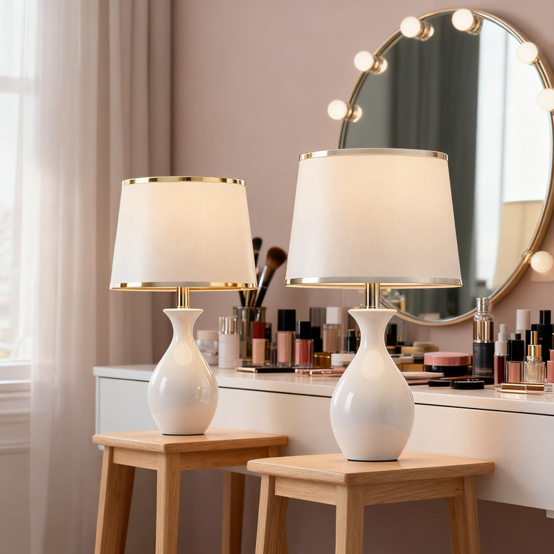 Ceramic Table Lamp Set Of 2, Modern Nightstand Lamps With Linen Shade, Bedside Lighting For Bedroom Living Room Desk, Led Bulbs Included, Rocker Switch