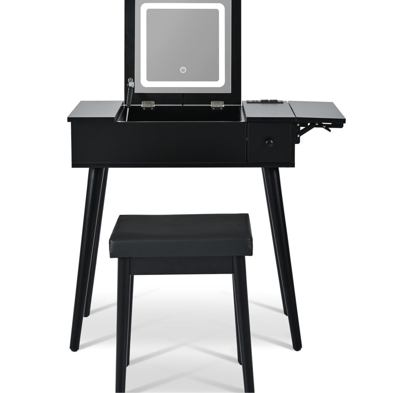 Black Dressing Table With 2 Drawers, Led , Charging Station, Panel And Vanity Stool, 27.9'' Makeup Desk Stool For Bedroom,