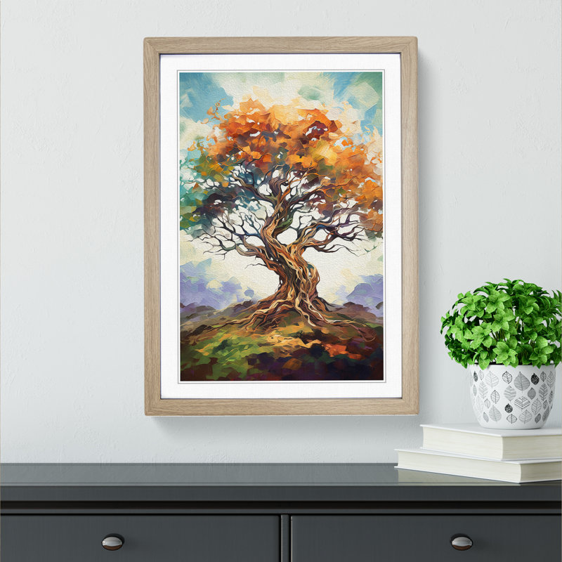 Oak Tree Gestural - Single Picture Frame Print on Wood, 64cm H x 46cm W x 2cm D, Oak