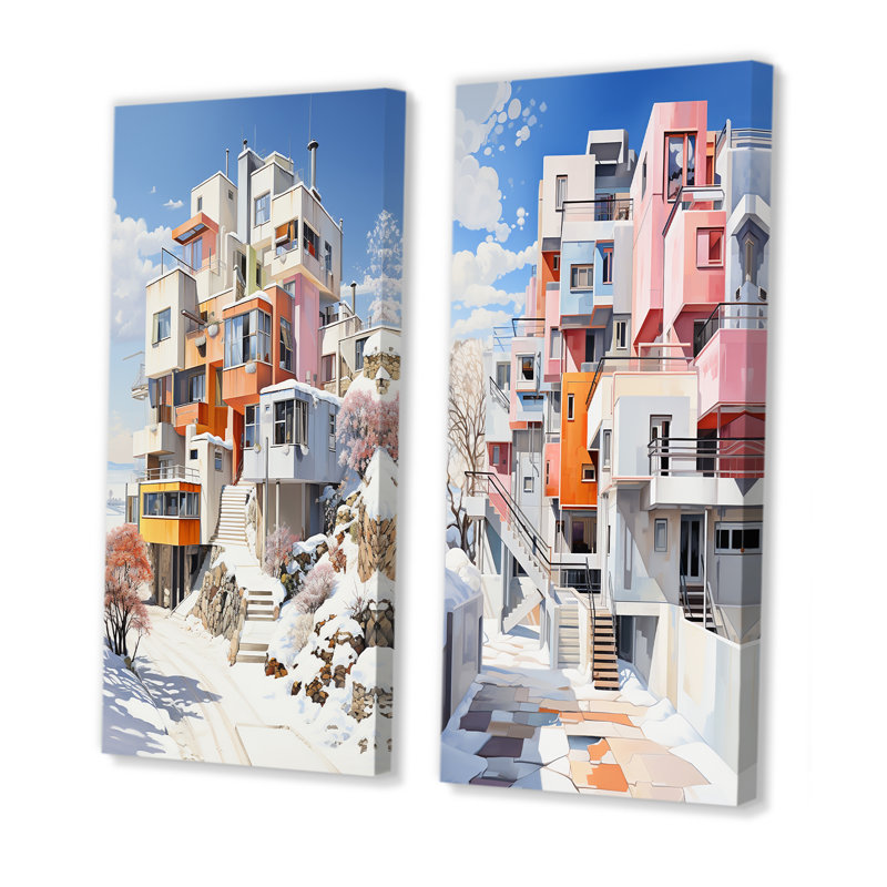 De Stijl, ville moderne en hiver - ensemble d'art mural sur toile neige, Toile tendue, H 28 po x l 25 po