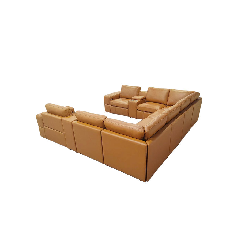 Tunzionkin Leather Match Reclining Modular Sectional, Ginger Leather Match