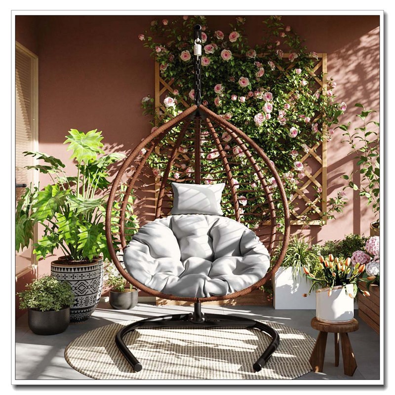 Foldable Hanging Egg Chair with Stand: HDPE Wicker, Removable Headrest & 330 lbs Capacity, Brown, Gray