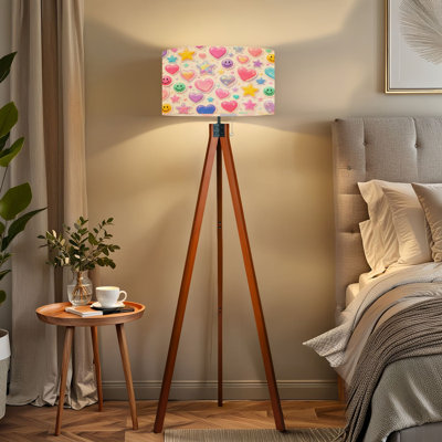 Tripod Standing Lamp Colorful Faces Stars Hearts Glossy Finish Remote Controlled Dimmable LED Floor Lamp with Beech Wood Legs & Detachable Linen Shade