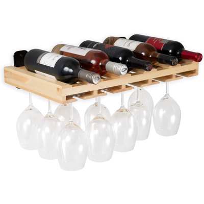 Wall Mounted Floating Wine Rack With Stemware Holder - 2-In-1 Space Saving Storage Organizer For Kitchen, Dining Room, And Home Bar Decor