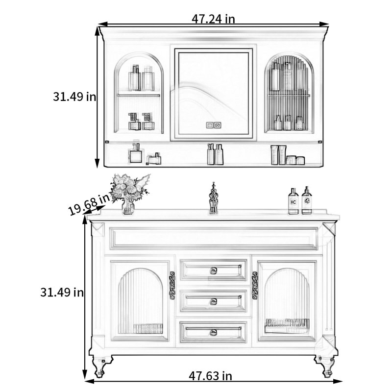 American retro style rest room bathroom cabinet, 31.49" H x 47.63" W x 19.68" D