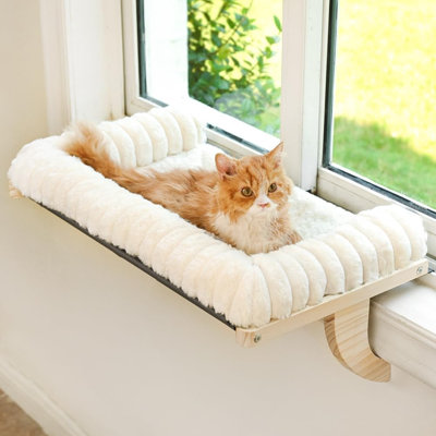 Cloud-Soft Cat Window Sill Perch with Zipper Designed Cushioned Bed, Cat Window Seat with Premium Solid Wood & Sturdy Metal Frame(Large, White)