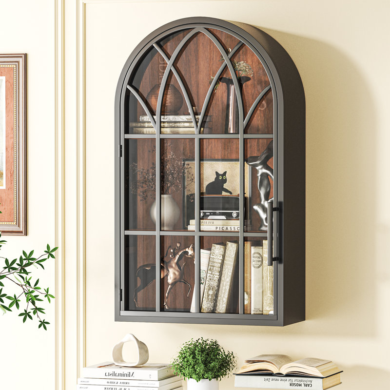 Armoire murale arquée fabriquée à la main avec porte en verre trempé - rangement en acier et bois peu encombrant