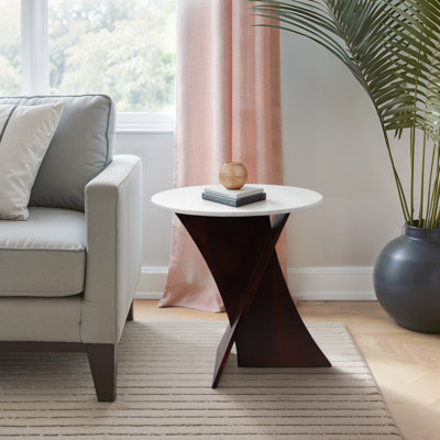 Round Accent Table Acacia Wood & Marble Modern Design White Marble Top Wood Base Living Room, Bedroom, Office 21" Brown.
