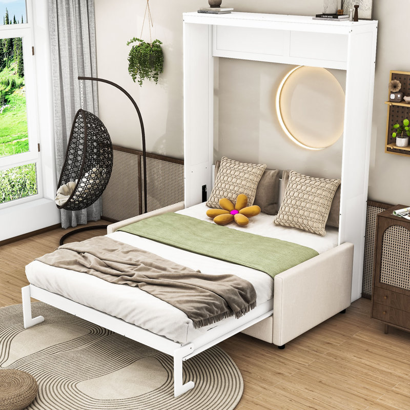 Shinpei Murphy Bed Wall Bed with Cushion, White, Queen