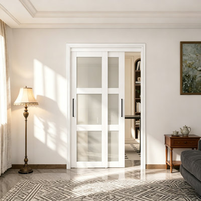 80 in 3-Lite Frosted Glass Sliding Door, Pre-Assembled Pantry & Closet Door with Complete Hardware Kit, & King Size Handle