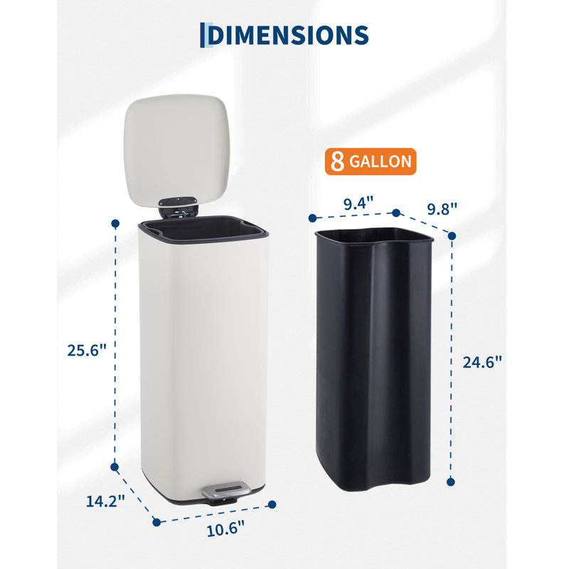 Poubelle de cuisine 8 gallons en acier inoxydable avec couvercle à fermeture en douceur et seau intérieur amovible en plastique