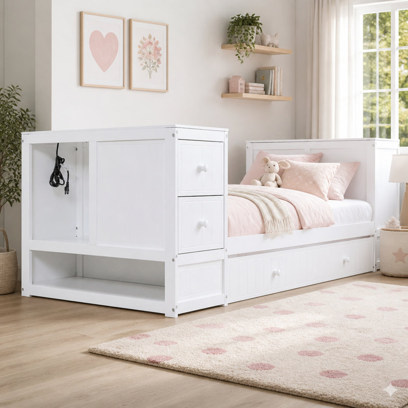 Lit de jour simple avec accoudoirs de rangement, lit gigogne et station de charge, blanc, Blanc