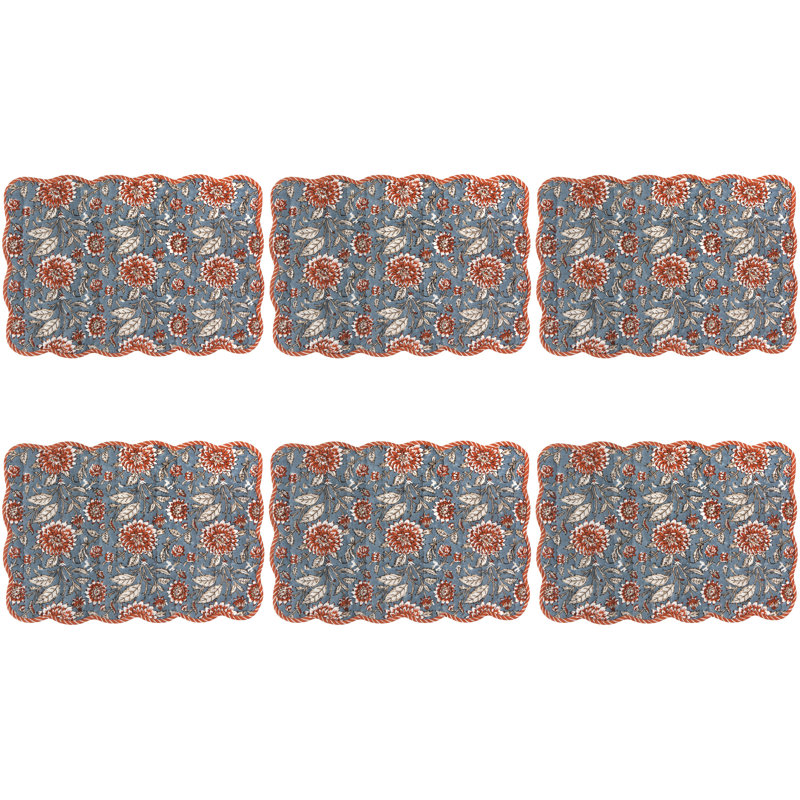 Ensemble de 6 napperons Kantha, Beige/Blue/Red Floral, 12" x 19"